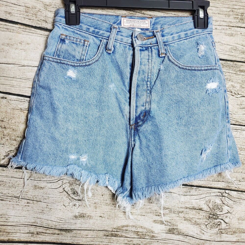 Vintage Guess Shorts Womens 28 Blue Denim Hot Pants Shorty Jorts Cut Offs VTG